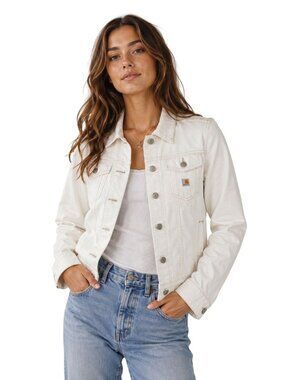 Y2K Carhartt WJ028 Womens White Denim Trucker Jacket Size S